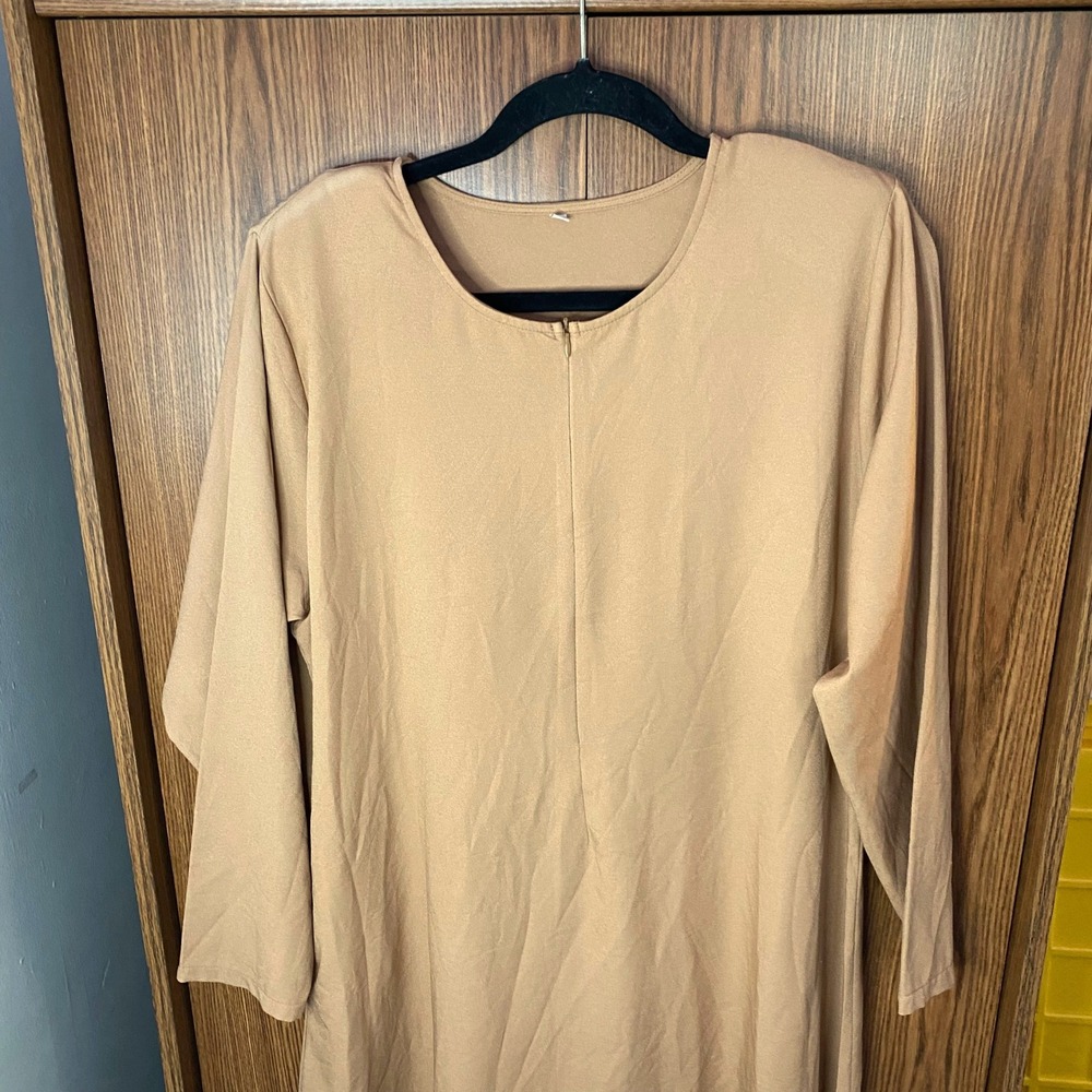 Maxi Dress Women XL‎ Tan Long Sleeve Striped Hem Modest Crepe Flowy